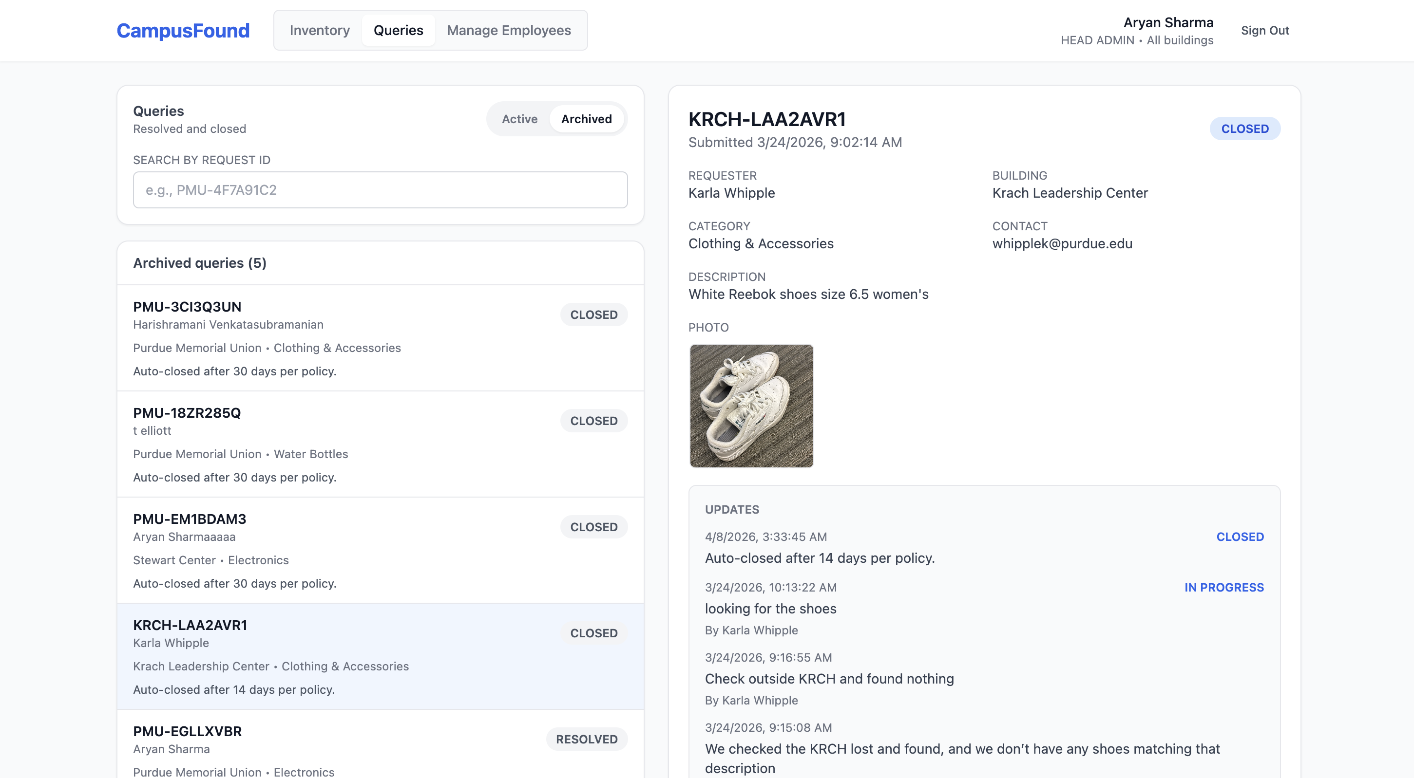CampusFound queries interface for tracking guest lost-item requests.