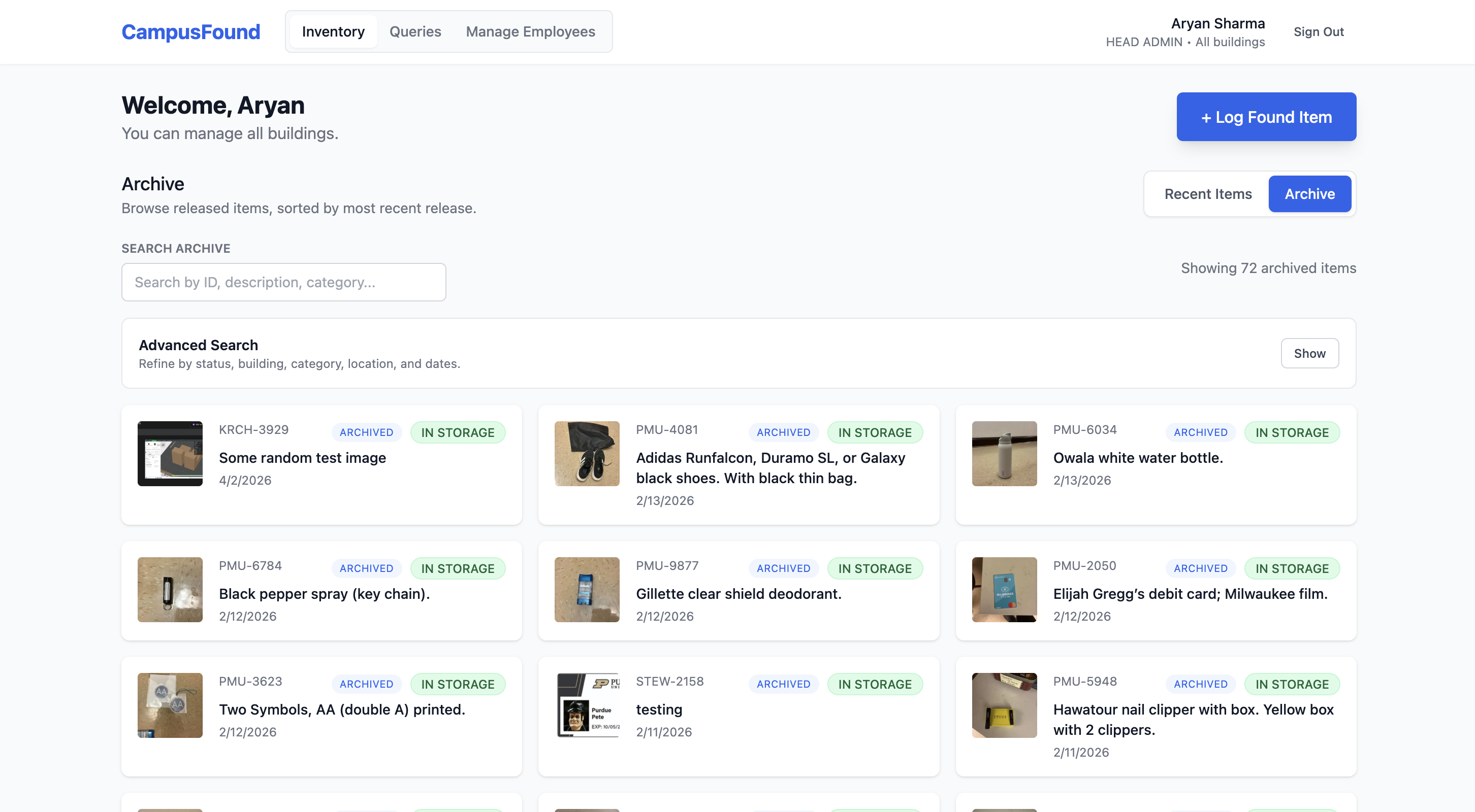 CampusFound inventory interface with search filters and found-item records.