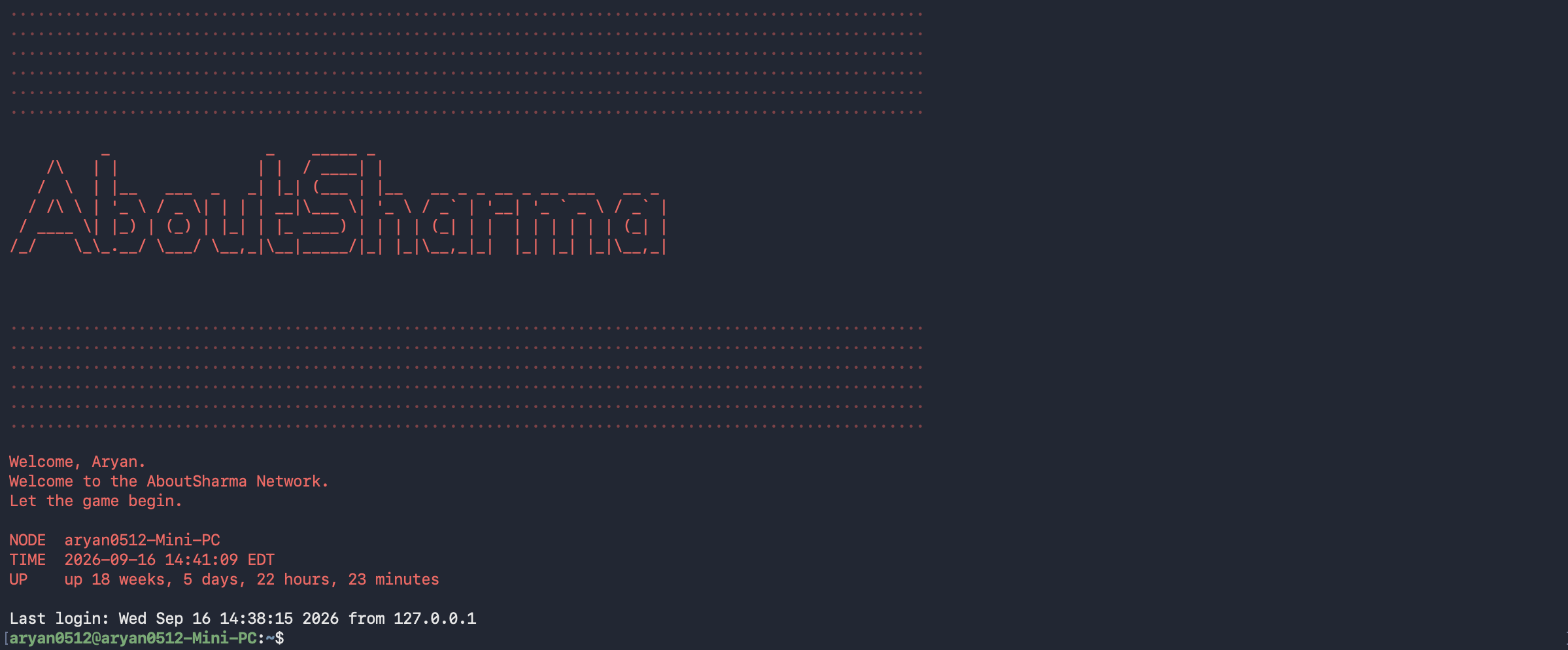 Custom Linux server environment showing the AboutSharma Network login interface.
