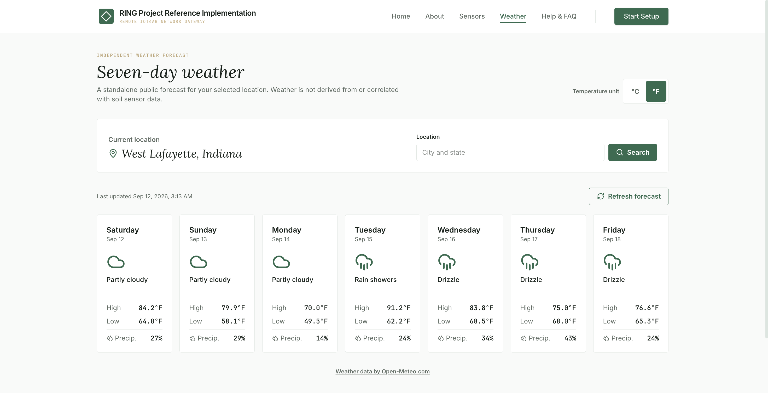 Seven-day weather forecast for the selected location.